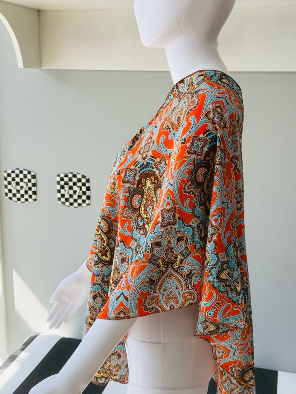C3 Vibrant Orange & Turquoise Paisley Silk Multi-Style Poncho Top Blouse-1 Size - Picture 4 of 11